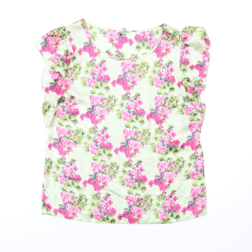 Lakeland Womens Green Floral Polyester Basic T-Shirt Size 14 Round Neck