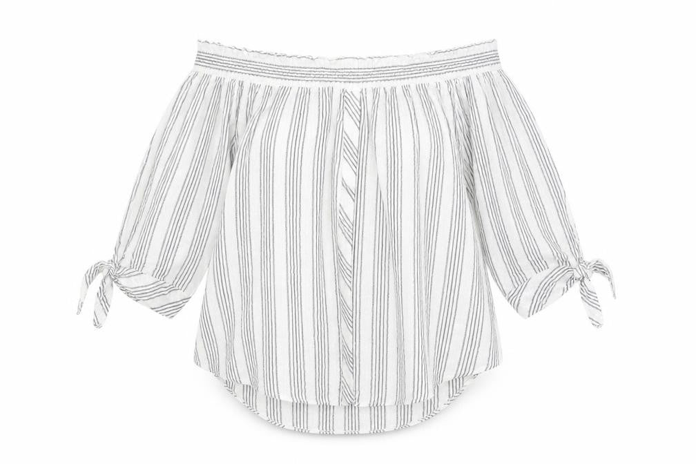 Front view of Miss Selfridge women’s white striped viscose basic t-shirt, size UK 8, off the shoulder