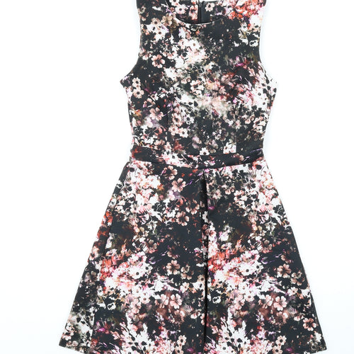 Warehouse Womens Multicoloured Floral Polyester Fit & Flare Size 8 Round Neck Zip