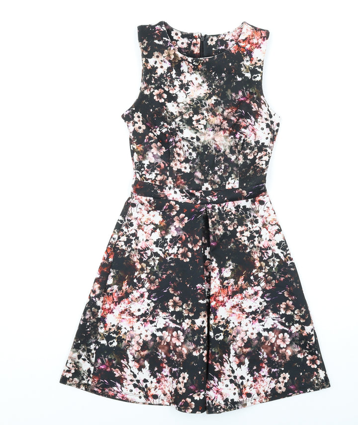 Warehouse Womens Multicoloured Floral Polyester Fit & Flare Size 8 Round Neck Zip