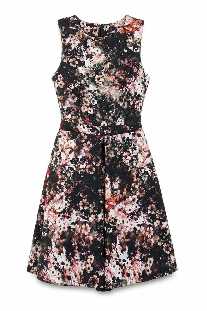 Front view of Warehouse women’s multicoloured floral polyester fit & flare, size UK 8, round neck zip