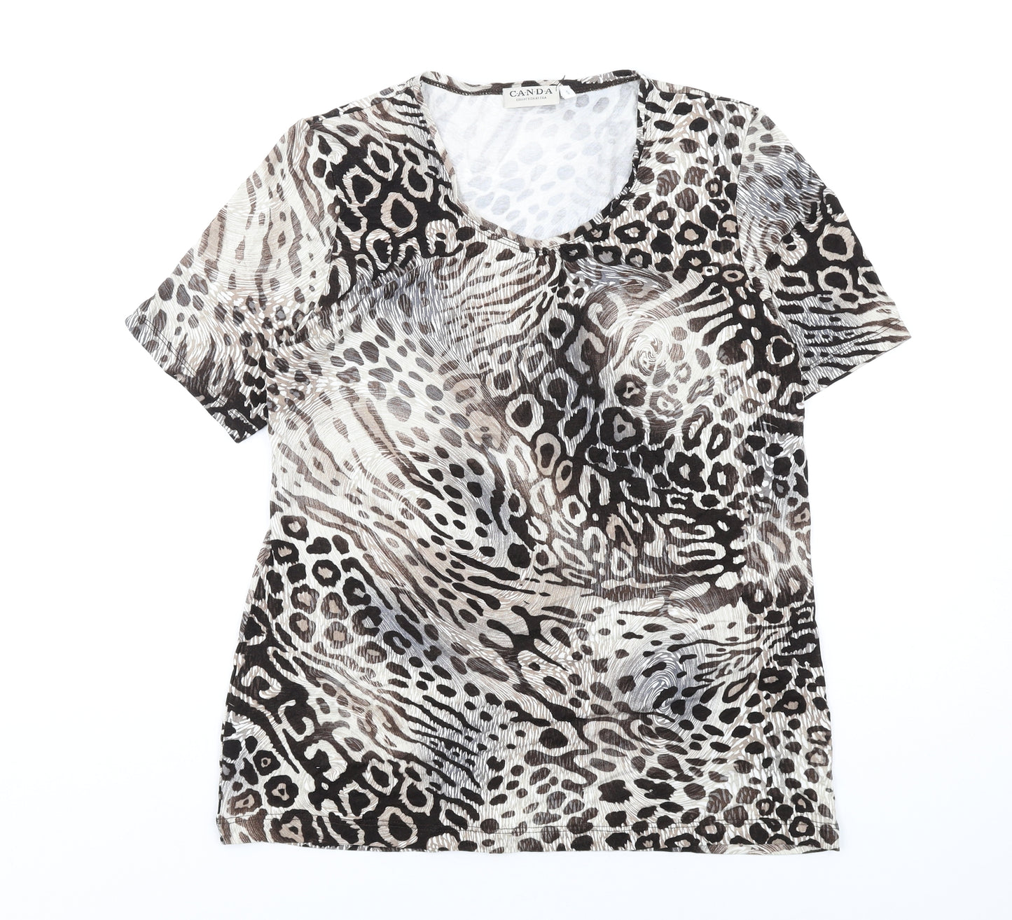 Canda Womens Beige Animal Print Viscose Basic T-Shirt Size S Round Neck - Leopard Print