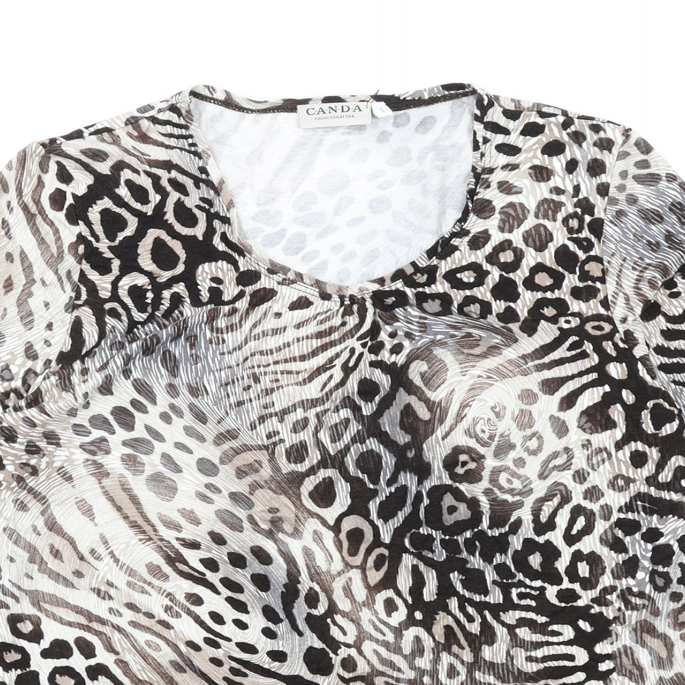 Canda Womens Beige Animal Print Viscose Basic T-Shirt Size S Round Neck - Leopard Print