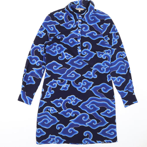 marksand Womens Blue Geometric Polyester Shirt Dress Size 8 Collared Button