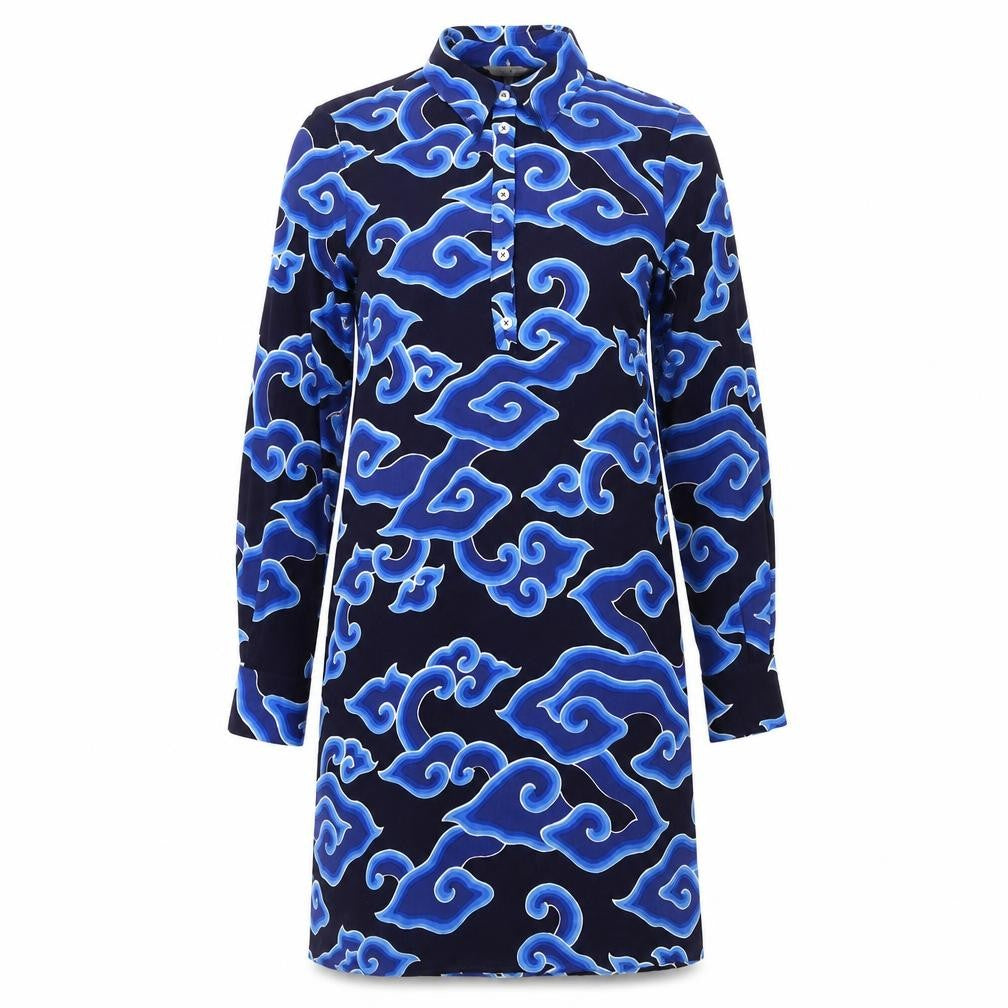 Front view of marksand women’s blue geometric polyester shirt dress, size UK 8, collared button