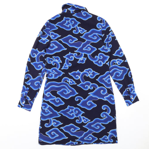 marksand Womens Blue Geometric Polyester Shirt Dress Size 8 Collared Button