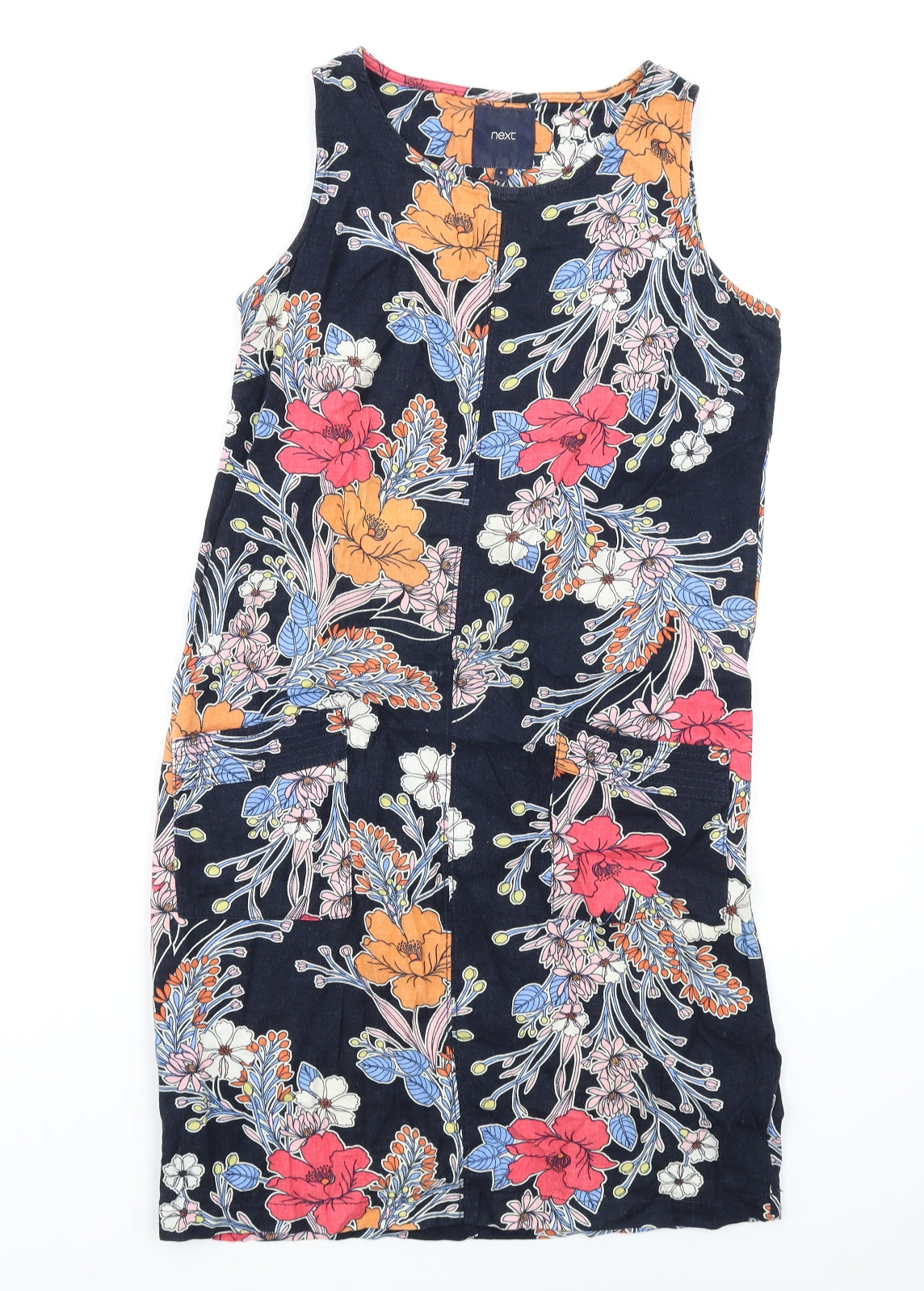 NEXT Womens Multicoloured Floral Linen Tank Dress Size 8 Round Neck Pullover
