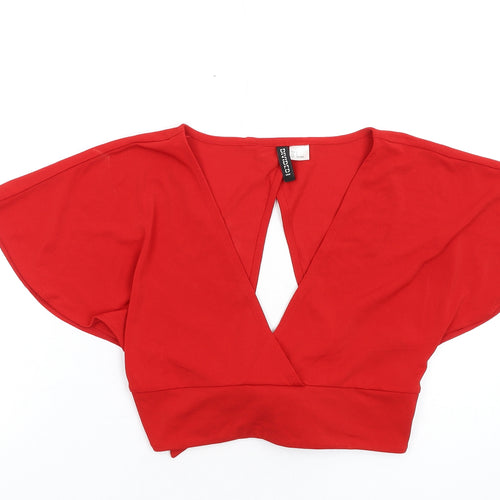 H&M Womens Red Polyester Cropped T-Shirt Size S V-Neck
