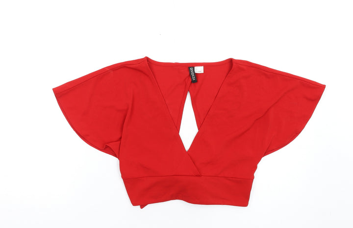 H&M Womens Red Polyester Cropped T-Shirt Size S V-Neck