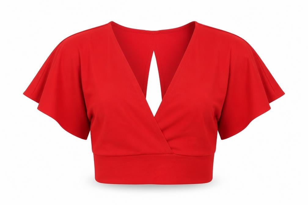 Front view of H&M women’s red polyester cropped t-shirt, size S, v-neck