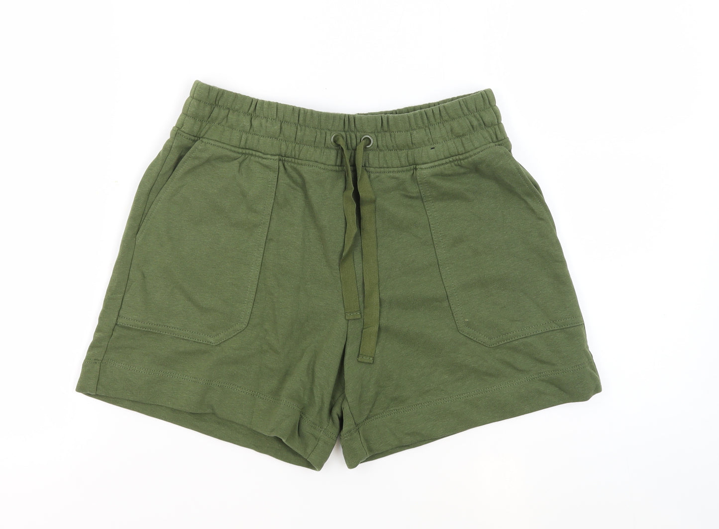 Marks and Spencer Womens Green Cotton Sweat Shorts Size 10 Regular Drawstring - Pockets