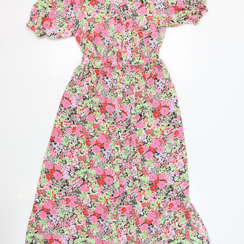 Marks and Spencer Womens Multicoloured Floral Polyester A-Line Size 6 V-Neck Button