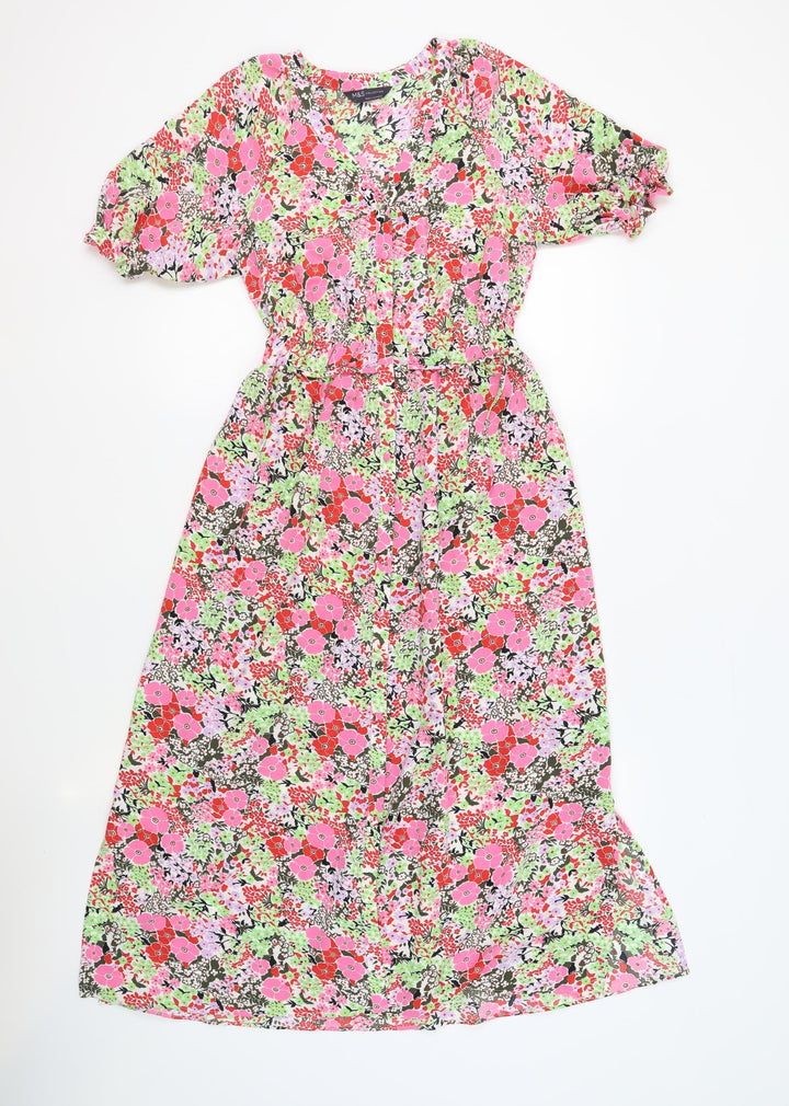 Marks and Spencer Womens Multicoloured Floral Polyester A-Line Size 6 V-Neck Button