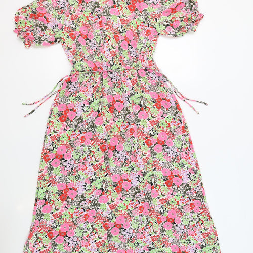 Marks and Spencer Womens Multicoloured Floral Polyester A-Line Size 6 V-Neck Button