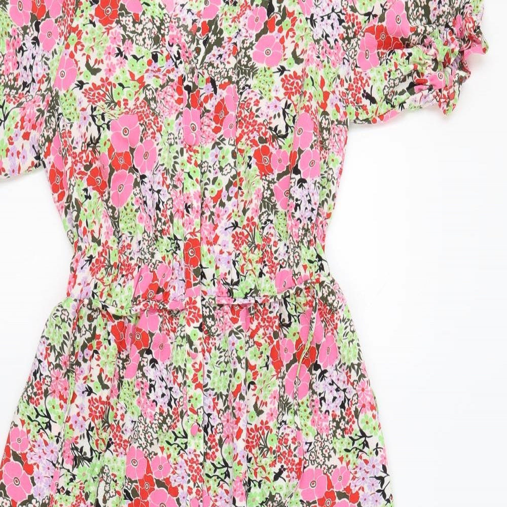 Marks and Spencer Womens Multicoloured Floral Polyester A-Line Size 6 V-Neck Button