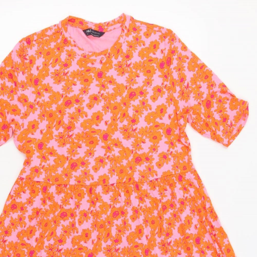 Marks and Spencer Womens Pink Floral Viscose A-Line Size 12 Crew Neck Pullover