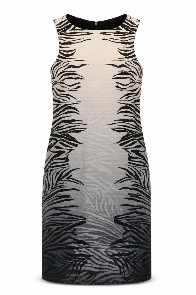 Front view of Next women’s multicoloured animal print polyester shift, size UK 10, crew neck zip - gradient zebra print