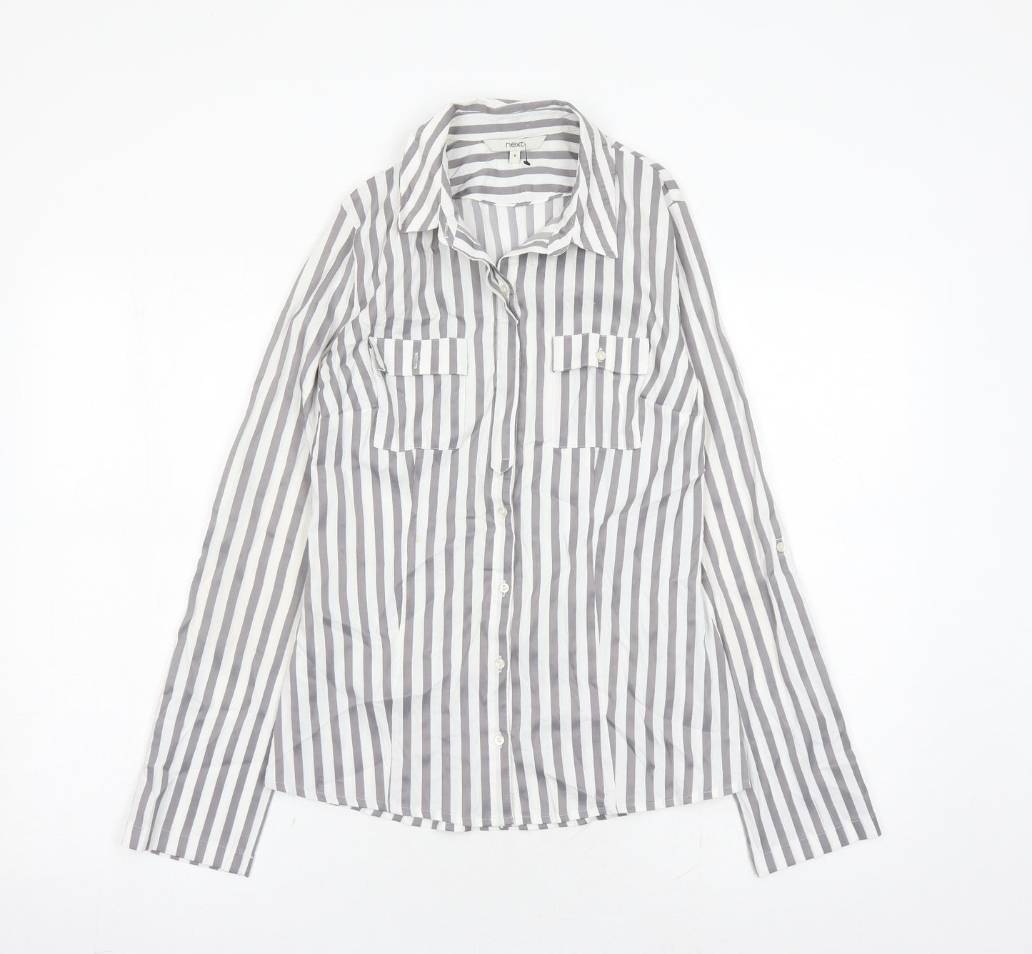 NEXT Womens Grey Striped Cotton Basic Button-Up Size 8 Collared