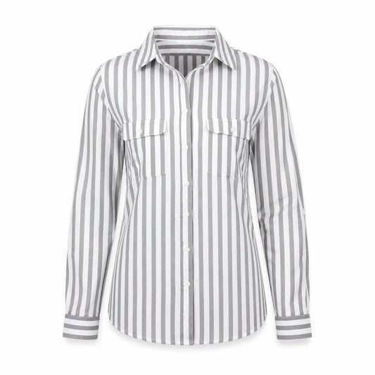 Front view of Next women’s grey striped cotton basic button-up, size UK 8, collared