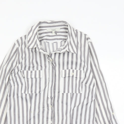 NEXT Womens Grey Striped Cotton Basic Button-Up Size 8 Collared