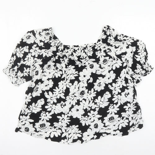 Marks and Spencer Womens Black Floral Viscose Basic Blouse Size 8 Round Neck