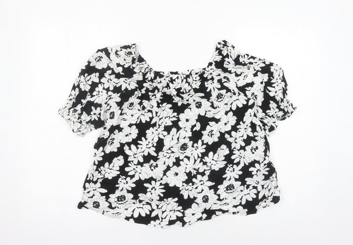 Marks and Spencer Womens Black Floral Viscose Basic Blouse Size 8 Round Neck