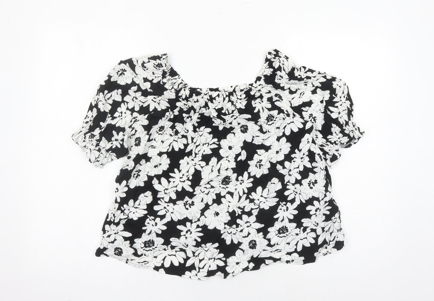 Marks and Spencer Womens Black Floral Viscose Basic Blouse Size 8 Round Neck