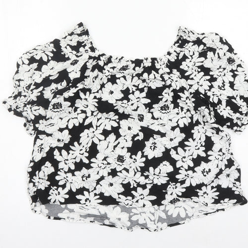 Marks and Spencer Womens Black Floral Viscose Basic Blouse Size 8 Round Neck
