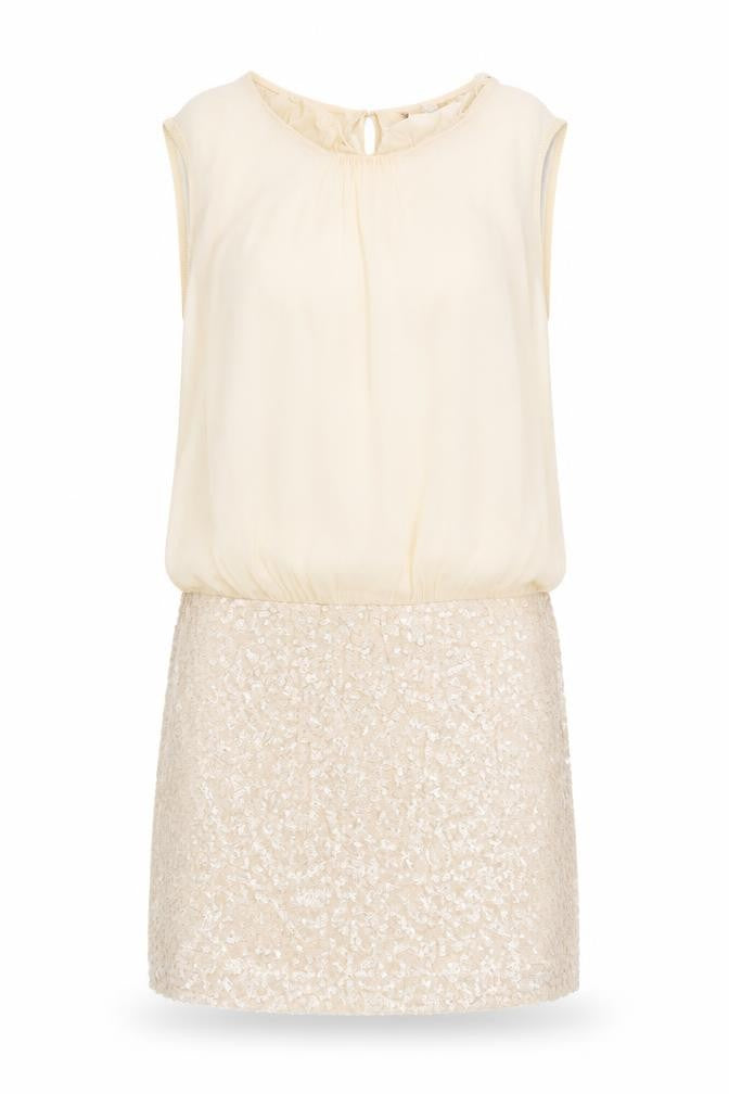Front view of Coast women’s beige polyester a-line, size UK 10, round neck button - sequin detail