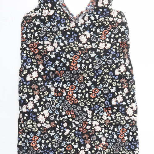 NEXT Womens Black Floral Linen A-Line Size 12 V-Neck Pullover