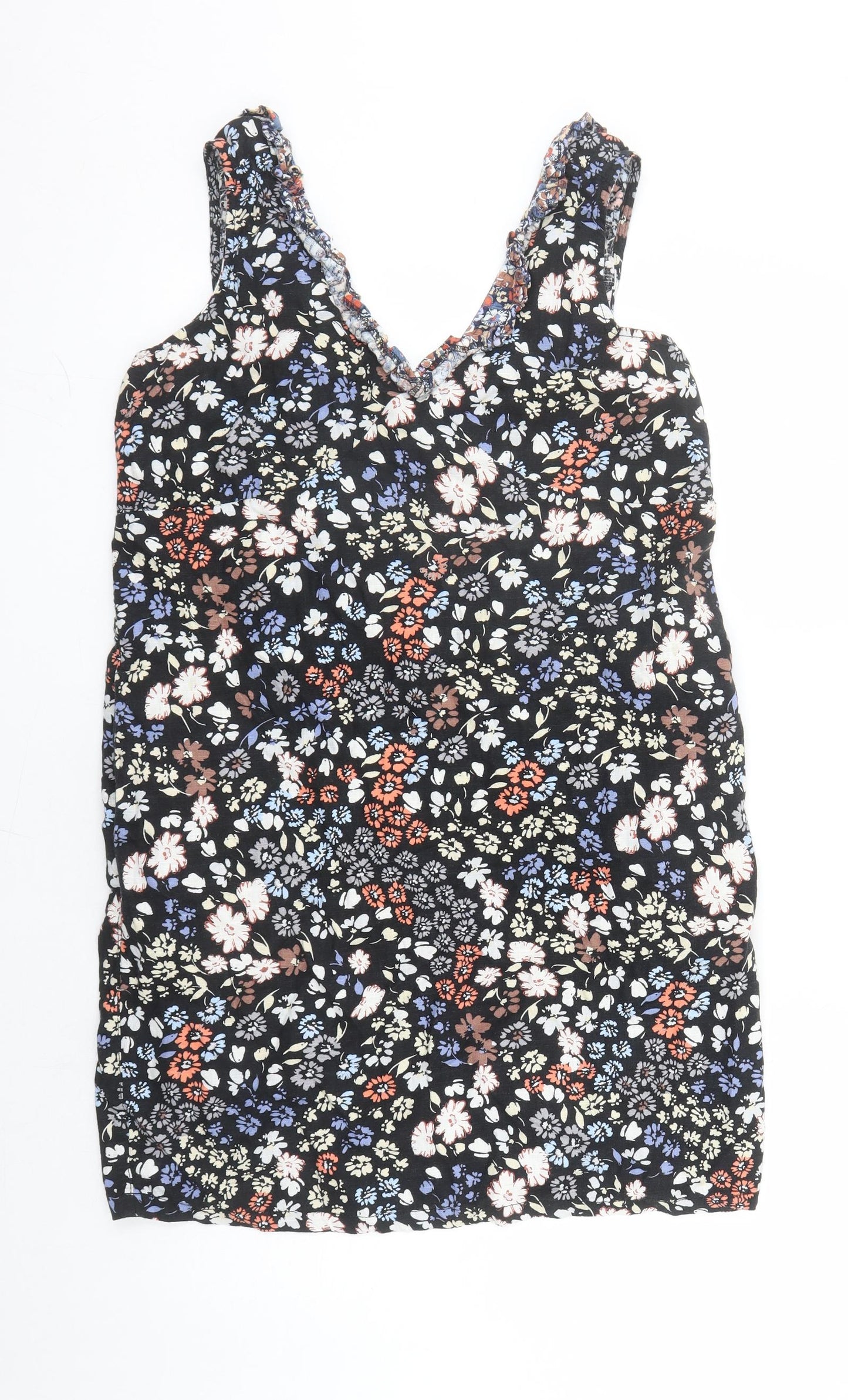 NEXT Womens Black Floral Linen A-Line Size 12 V-Neck Pullover