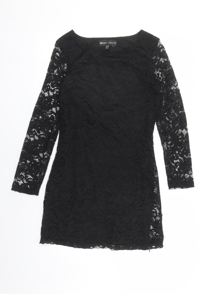 Mela London Womens Black Geometric Polyester Bodycon Size 10 Round Neck Pullover