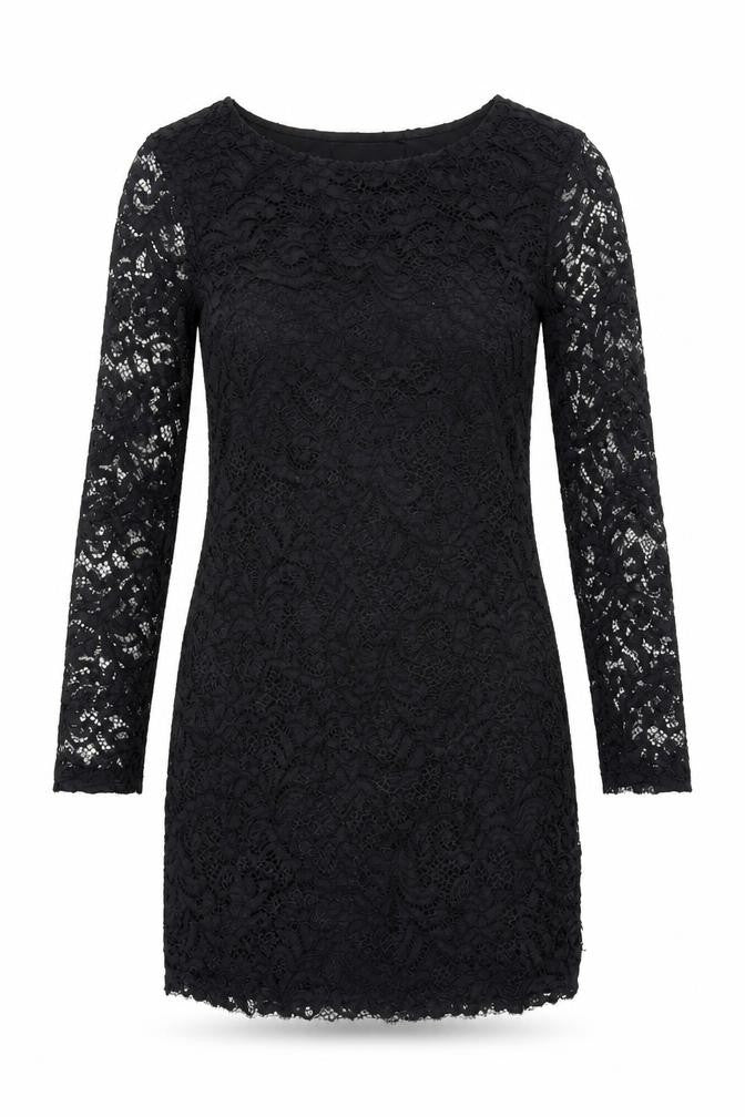 Front view of Mela London women’s black geometric polyester bodycon, size UK 10, round neck pullover