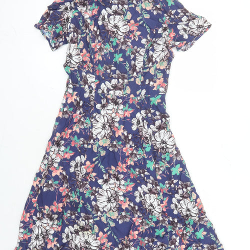 Monsoon Womens Blue Floral Viscose Fit & Flare Size 8 Round Neck Zip