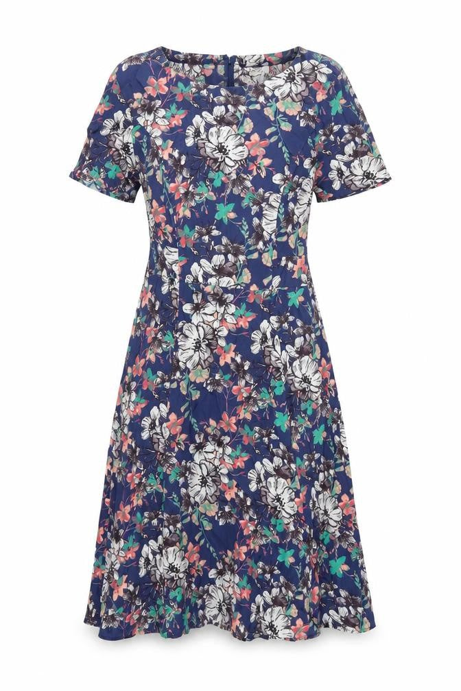 Monsoon Womens Blue Floral Viscose Fit & Flare Size 8 Round Neck Zip