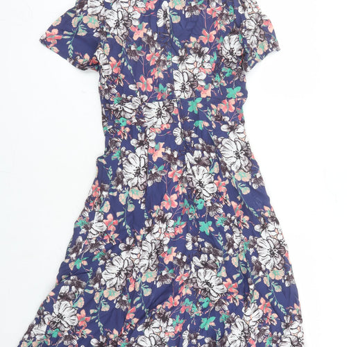 Monsoon Womens Blue Floral Viscose Fit & Flare Size 8 Round Neck Zip