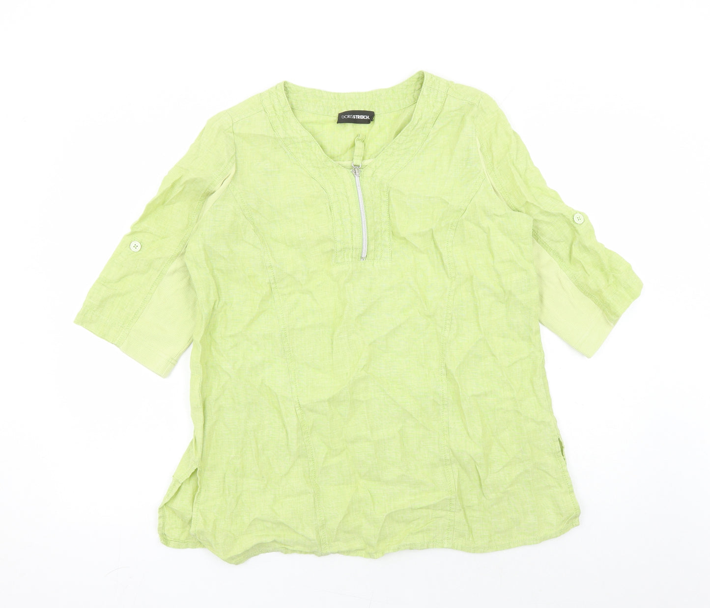 Doris Streich Womens Green Linen Basic Blouse Size 10 V-Neck