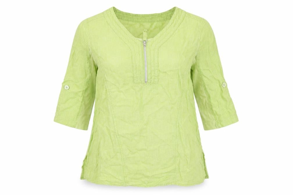 Front view of Doris Streich women’s green linen basic blouse, size UK 10, v-neck