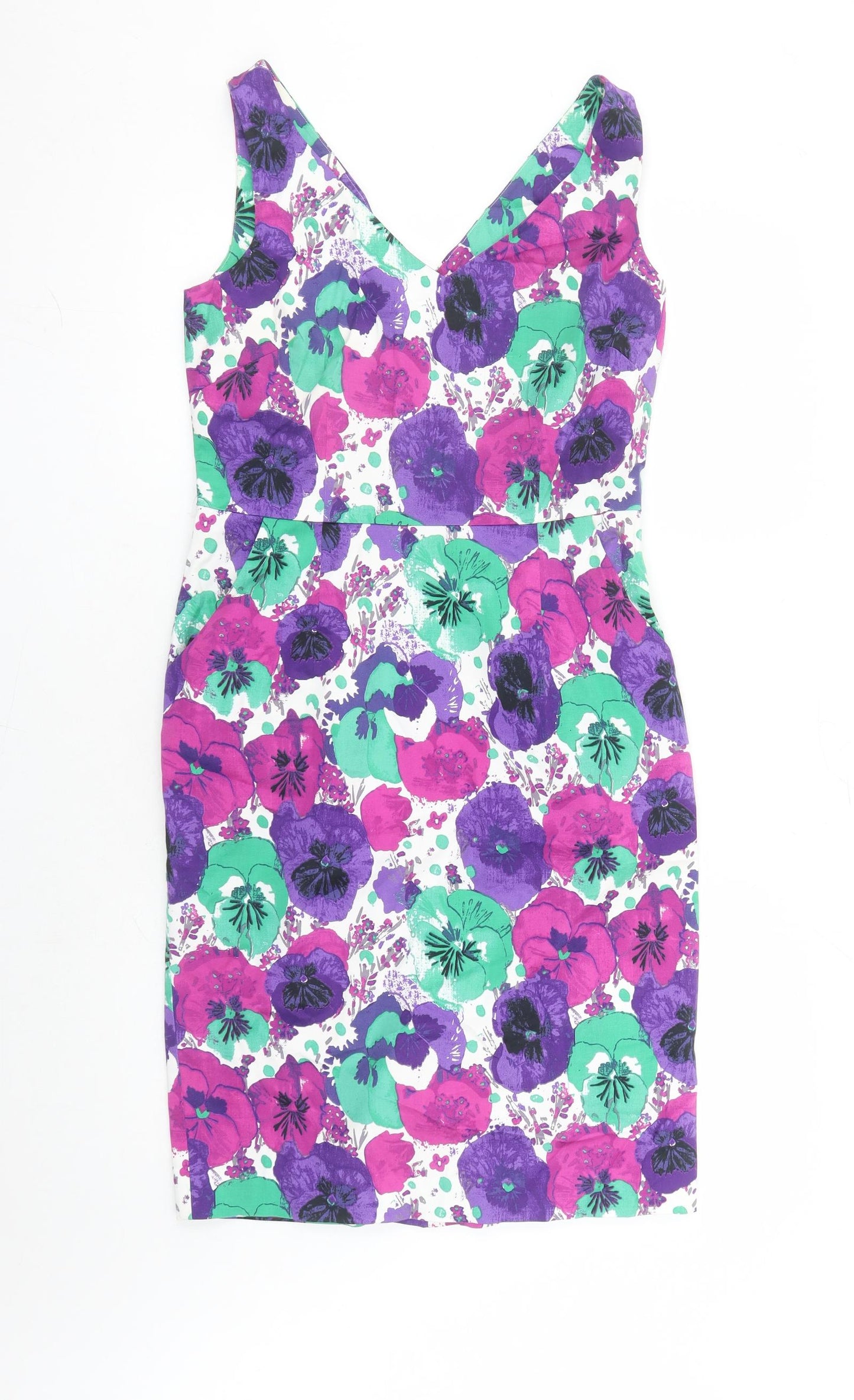Laura Ashley Womens Multicoloured Floral Cotton Pencil Dress Size 12 V-Neck Zip - Lined Pockets