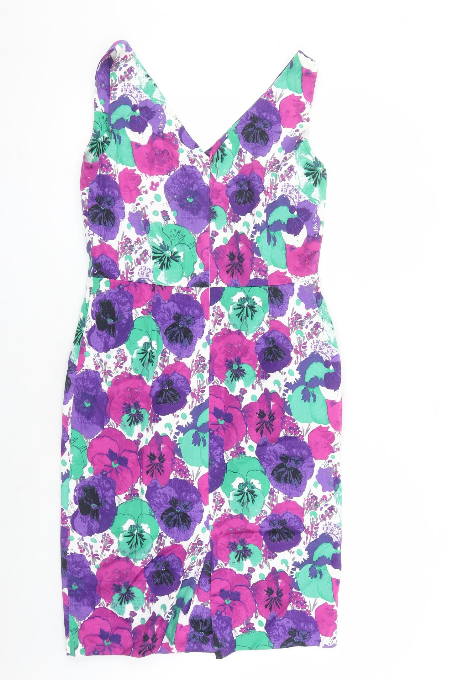 Laura Ashley Womens Multicoloured Floral Cotton Pencil Dress Size 12 V-Neck Zip - Lined Pockets