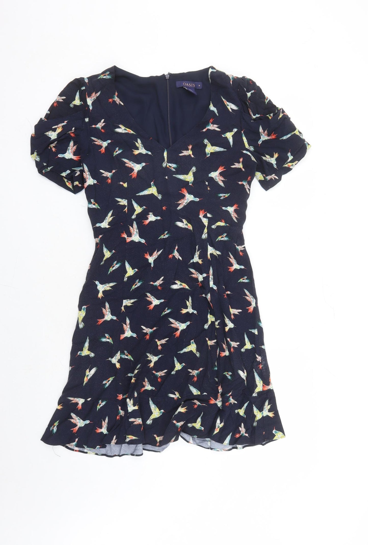 Oasis Womens Blue Geometric Viscose A-Line Size 10 V-Neck Zip - Bird Pattern