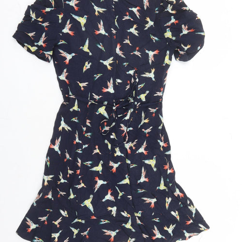 Oasis Womens Blue Geometric Viscose A-Line Size 10 V-Neck Zip - Bird Pattern