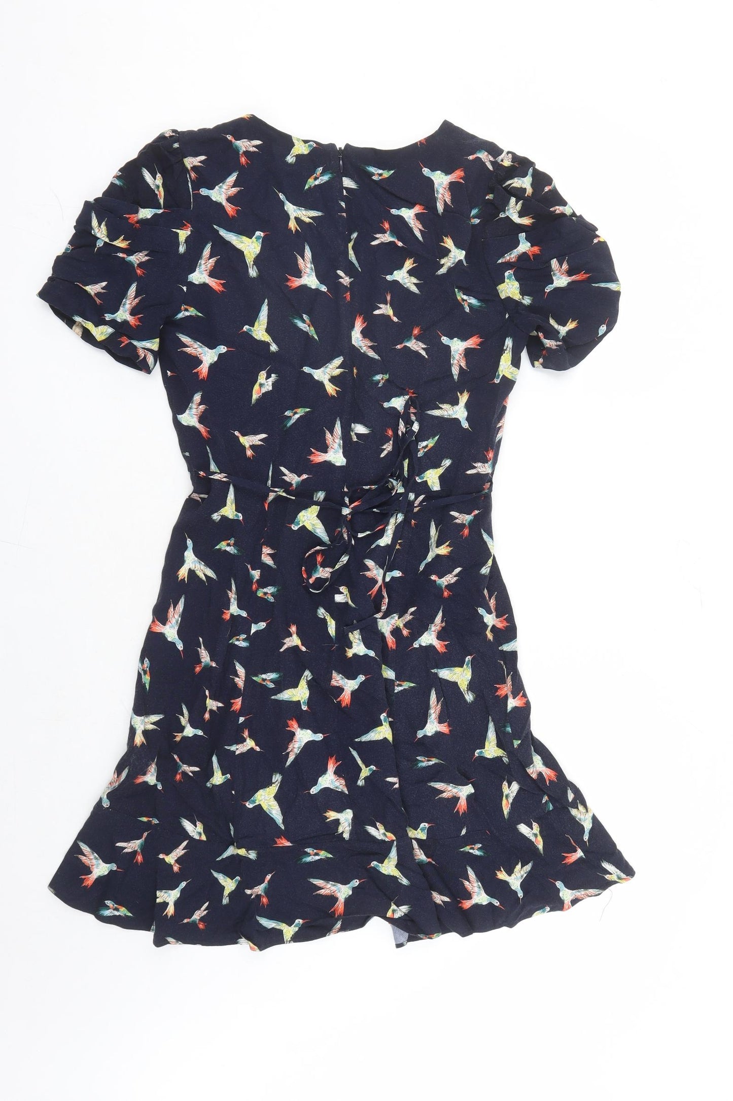 Oasis Womens Blue Geometric Viscose A-Line Size 10 V-Neck Zip - Bird Pattern