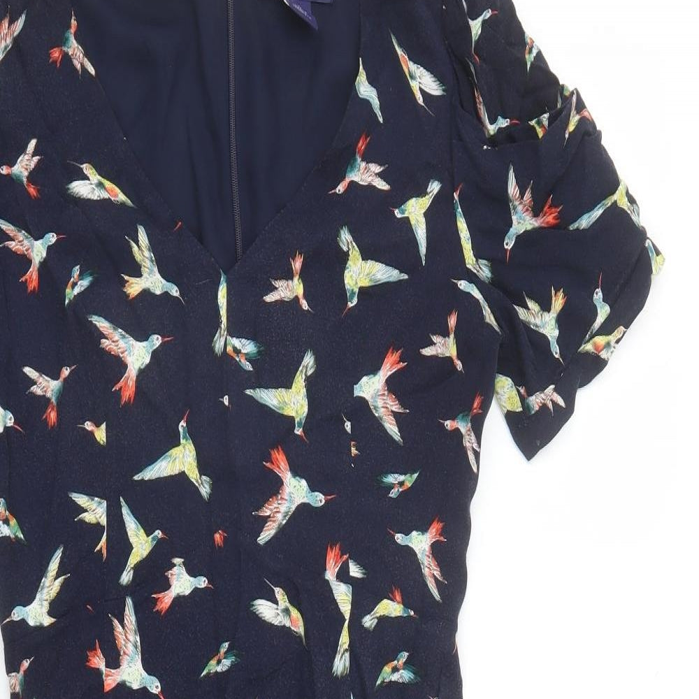 Oasis Womens Blue Geometric Viscose A-Line Size 10 V-Neck Zip - Bird Pattern