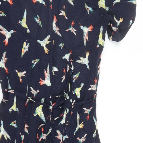 Oasis Womens Blue Geometric Viscose A-Line Size 10 V-Neck Zip - Bird Pattern