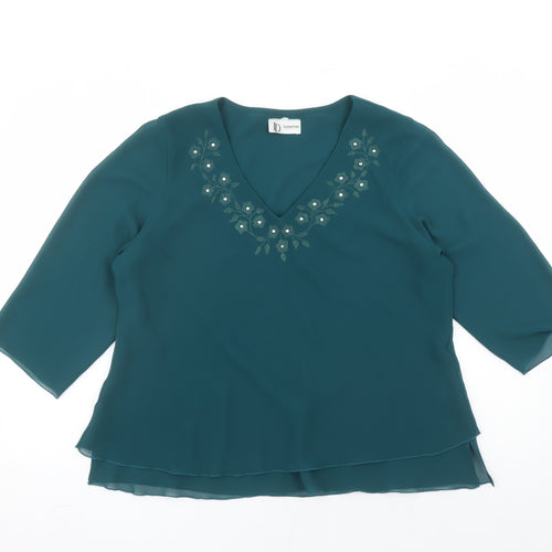 ID Collection Womens Green Polyester Basic Blouse Size 20 V-Neck - Embroidered Flowers Rhinestone Detail