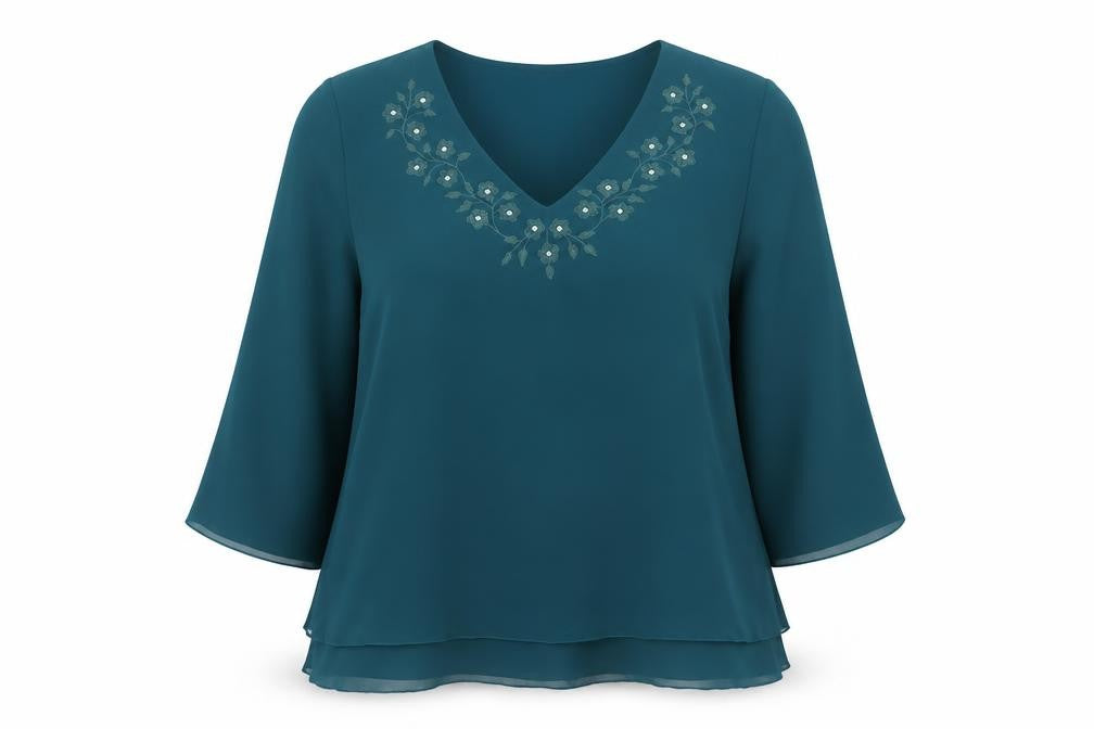 Front view of ID Collection women’s green polyester basic blouse, size UK 20, v-neck - embroidered flowers rhinestone detail