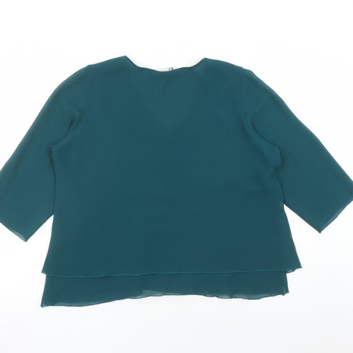 ID Collection Womens Green Polyester Basic Blouse Size 20 V-Neck - Embroidered Flowers Rhinestone Detail