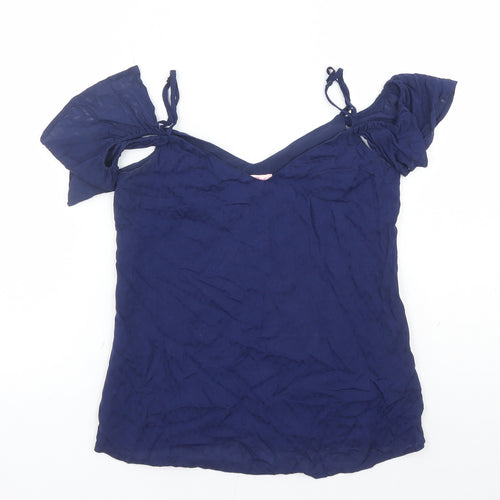 Candie's Womens Blue Geometric Polyester Basic Blouse Size XS V-Neck - Cold Shoulder