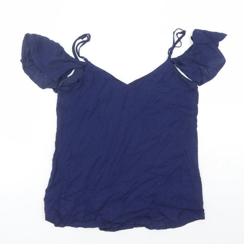 Candie's Womens Blue Geometric Polyester Basic Blouse Size XS V-Neck - Cold Shoulder